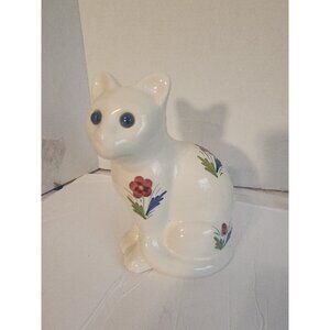 Vintage 1974 Elpa Al Cobaca Portugal Blue Eyed White Cat Figurine w/flowers VGUC
